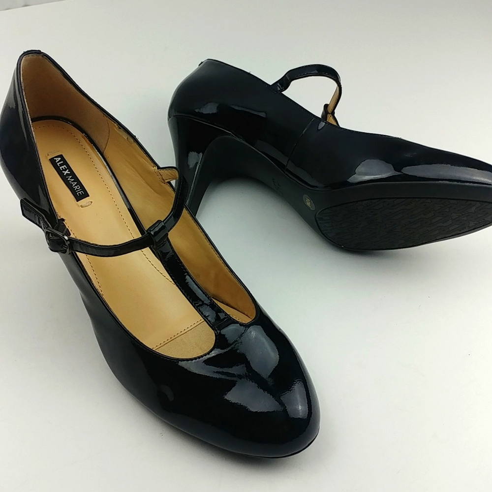 ALEX MARIE Black Patent Leather T Strap Heels Size 10